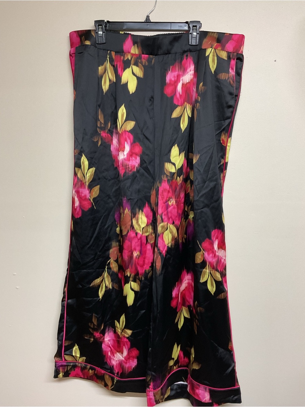 torrid Black Wide-Leg Satin Pants with Pink Floral Print